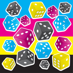 Dices with CMYK colors, decorative background. 
Illustration of Colorful Dice in print colors on the white background. Concept for presenting of color printing. Vector available