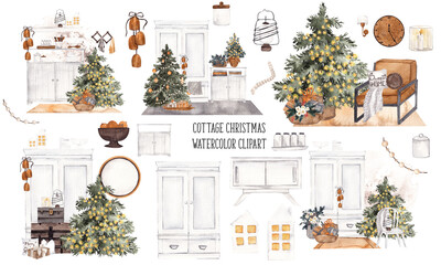 Watercolor clipart. Christmas cottage illustration, decor and home composition. Village interior element, isolated on white background.