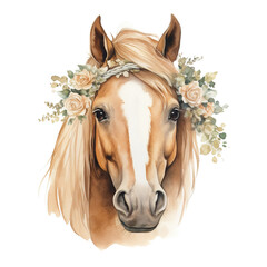 Brown horse in a floral plant spring frame, wreath with flowerson a white background. portrait, head. Watercolor. Illustration