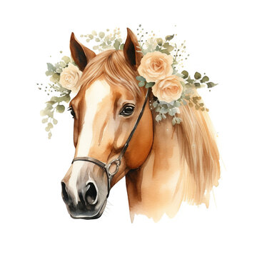 Brown horse in a floral plant spring frame, wreath with flowerson a white background. portrait, head. Watercolor. Illustration