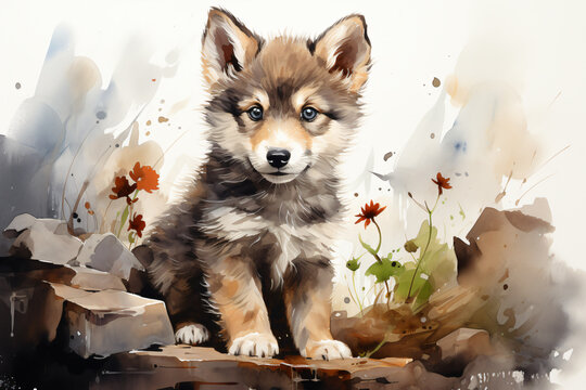 little cute wolf family in watercolor painted - single little wolf puppy