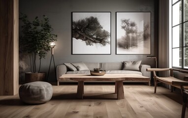Scandinavian Living Room with Rustic Live Edge Table Chairs and Beige Sofa. Generative AI