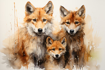 little cute wolf family in watercolor painted  