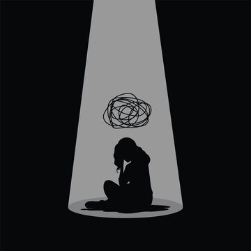 Woman sit in the dark room mental disorder psychological depressed vector illustration.