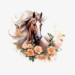 Beautiful horse in a floral plant spring frame white background. portrait, head. Watercolor. Illustration
