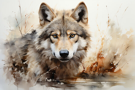 little cute wolf family in watercolor painted single wolf portrait