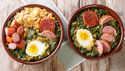Traditional Brazilian Feijao Tropeiro dish from Minas Gerais made with beans, beacons and sausage