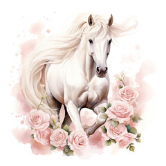 Naklejka na ściany i meble a magnificent white horse gallops through a meadow of flowers. cute watercolor clipart. Template. Close-up. Clip art.