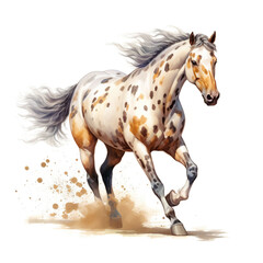 Naklejka na ściany i meble A beautiful spotted horse going in the field on a white background, watercolor painting