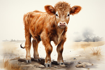 little cute cow full body in watercolor painted