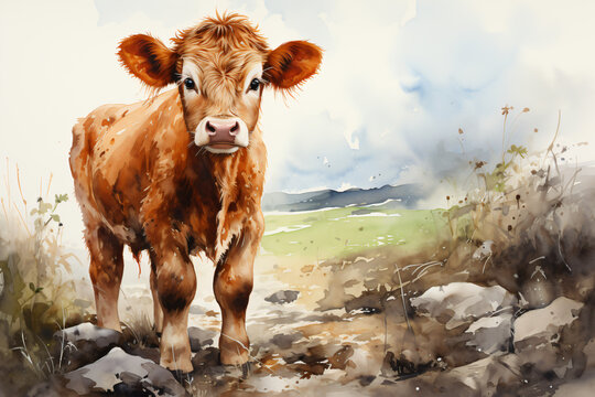 little cute cow full body in watercolor painted