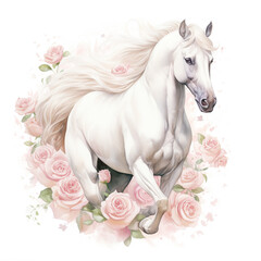 Plakat a magnificent white horse gallops through a meadow of flowers. cute watercolor clipart. Template. Close-up. Clip art.