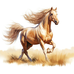 Beautiful horse watercolor painting, a brown stallion galloping across a meadow on a white background