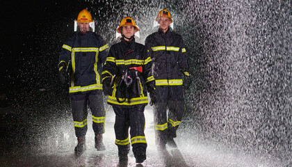 A group of professional firefighters marching through the rainy night on a rescue mission, their...