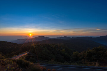Beautiful landscape of the sunrise viewpoint which is the highest mountain of Thailand in the morning of the winter season at Doi Inthanon National Park, Chiang Mai, Thailand.