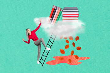 Photo banner collage placard of young girl climbing ladder more literature pile books interesting...