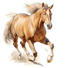 Beautiful horse watercolor painting, a brown stallion galloping across a meadow or desert on white background