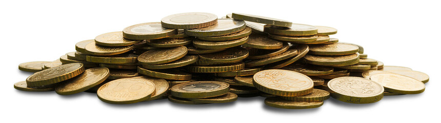 Piles of different gold coins. - Powered by Adobe
