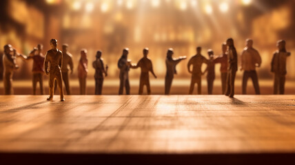 miniature dancing people disco party, blurred background restaurant table. Generative AI