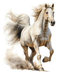Fototapeta na wymiar Beautiful horse watercolor painting, a stallion galloping across a meadow or desert on a white background