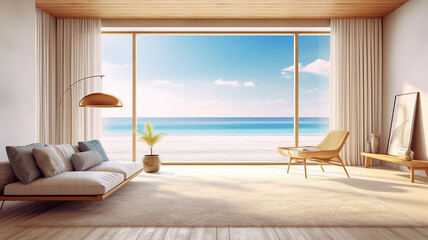 bright interior of a livingroom with a large window and a view of the sea and the beach. Generative AI