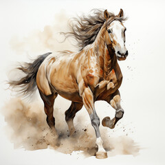 Beautiful horse watercolor painting, a brown stallion galloping across a meadow or desert.