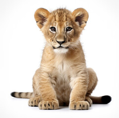 Close-up of a cute lion cub on white background
