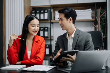 Business people discussing on performance revenue in meeting. businessman working with co-worker team. financial adviser analyzing data with investor at home office.