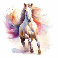 Obraz na płótnie Canvas Beautiful horse watercolor painting, a colorful stallion galloping across a meadow or desert on a white background