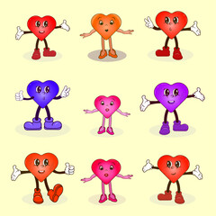 Groovy hippie love sticker set. Retro happy Valentines day. Comic happy heart character in trendy retro 60s 70s cartoon style. Retro characters and elements.