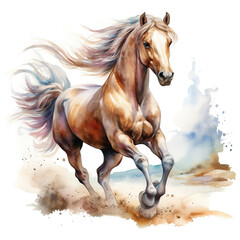 Beautiful horse watercolor painting, a brown stallion galloping across a meadow or desert.