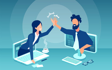 Vector of a business woman and a businessman having a partnership agreement on a online collaboration