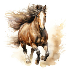 Fototapeta na wymiar Beautiful horse watercolor painting, a brown stallion galloping across a meadow or desert on a white background