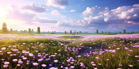Rural landscape with wild flowers in meadow. Beautiful spring background