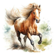 Obraz premium Beautiful horse watercolor painting, a brown stallion galloping across a meadow or desert on a white background