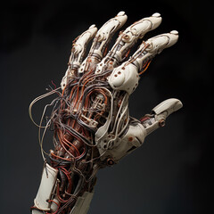 One hand , a robot hand made from wires symbolizing the interaction between technology and humans, Created with Generative AI technology