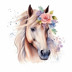 A beautiful horse with flowers, watercolor illustration.