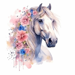A beautiful horse with flowers, watercolor illustration.
