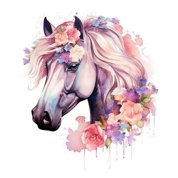 A beautiful horse with flowers, watercolor illustration.