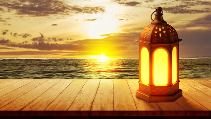 Arabic lamp with bright light on wooden table
