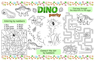 Festive placemat for children. Printable sheet "Dino party" with a labyrinth, connect the dots and coloring for numbers. 17x11 inch printable vector file