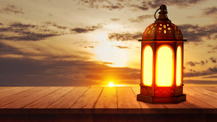 Arabic lamp with bright light on wooden table