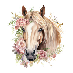 horse in a floral plant spring frame white background. portrait, head. Watercolor. Illustration