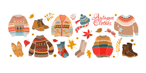 Autumn clothes and accessories flat style. Warm sweater and shoes with lettering.