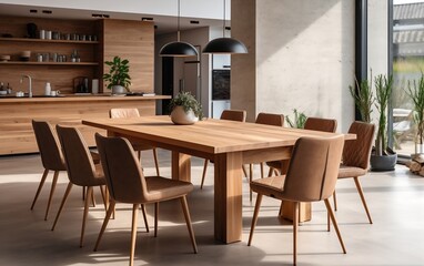 Modern Interior Design of Wooden Dining Table with Chairs. Generative AI