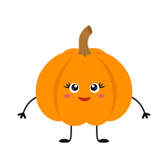 Cute and smiling pumpkin character. Farm or fresh organic vegetables theme. Vector illustration isolated on white background.