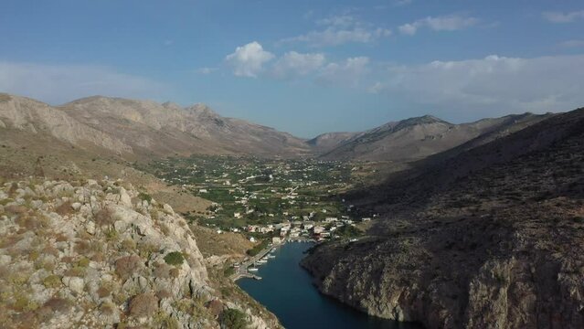 Drone shot, strait near Vathy, Vathifjord, Kalymnos, Dodecanese, Greece, Europe