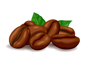 Freshly roasted coffee beans with leaves isolated on white background.
