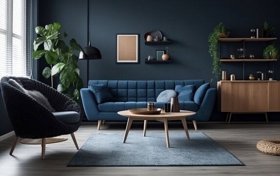 Scandinavian Apartment with Dark Blue Sofa and Recliner Chair. Generative AI
