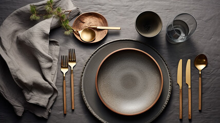 plate and serving of cutlery on a gray background grunge style. Generative AI